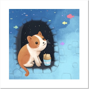 Cute Cat, Dessert, and Fish Illustration Art Posters and Art